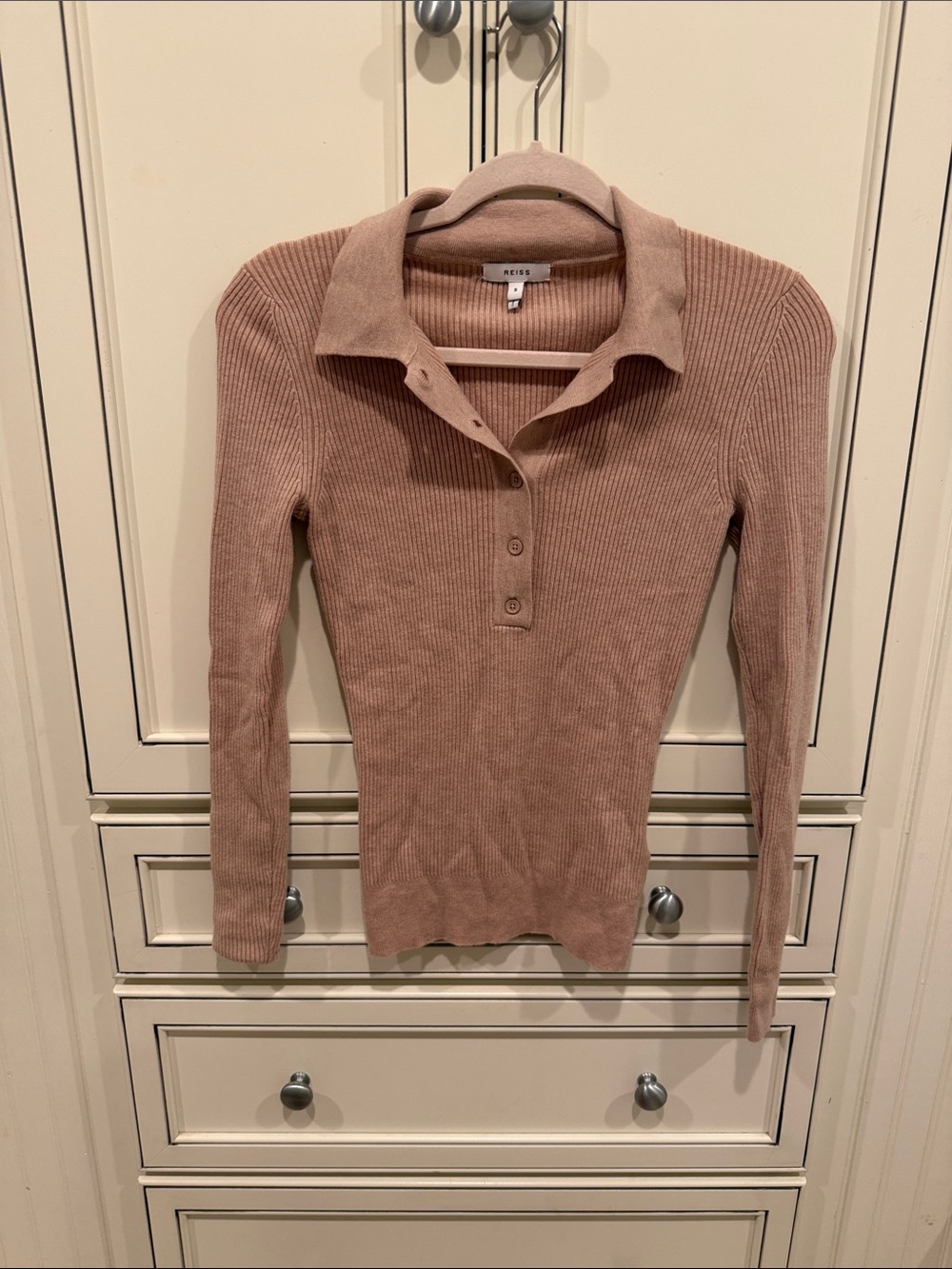 Reiss Ribbed Polo Knit Top in Dusty Rose